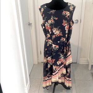 Roz & Ali Navy Floral Midi Dress with Coral and Cream Accents